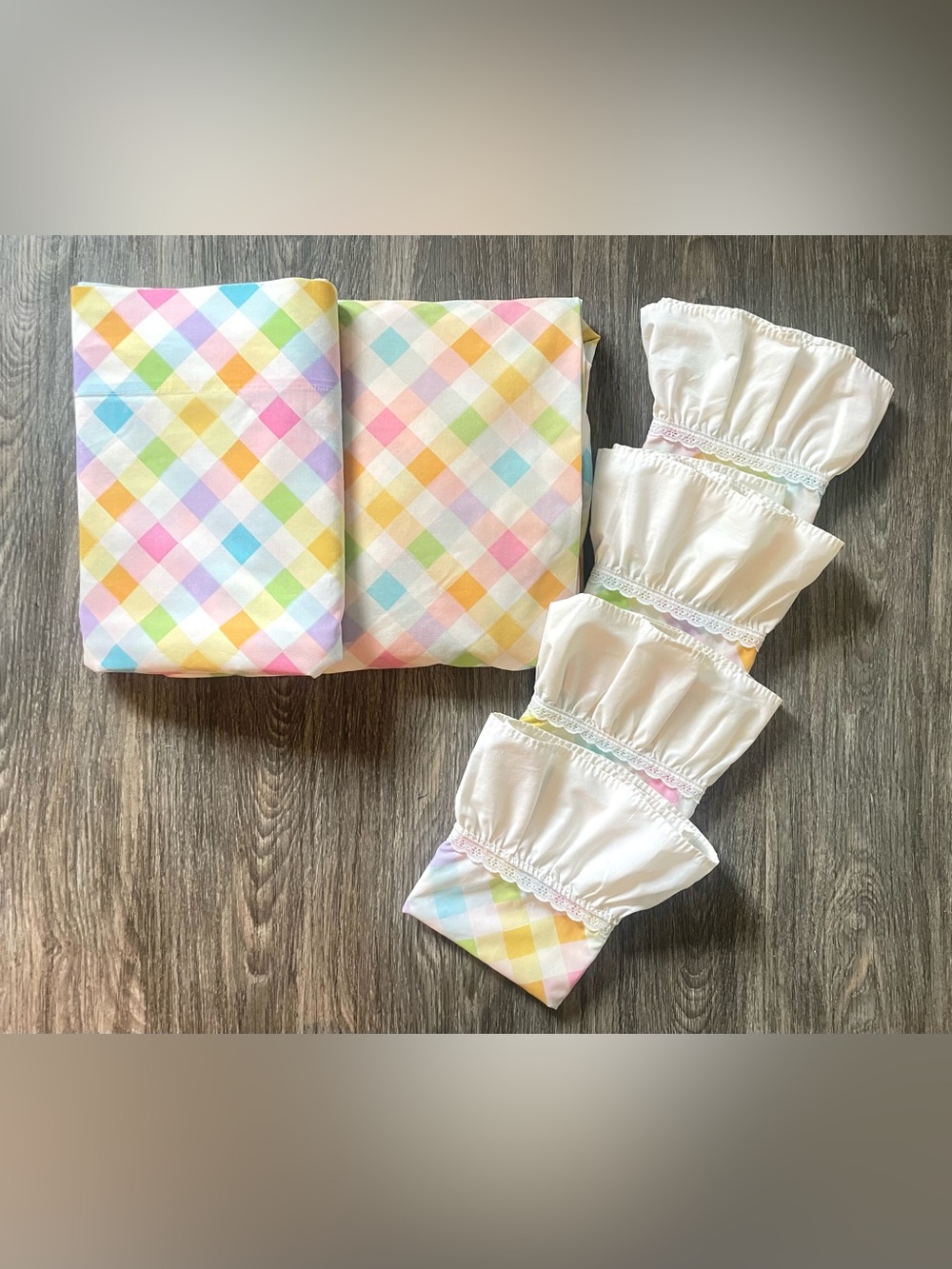 Vintage 6 Piece Sheet Set Royal Cannon Pastel Gingham w Ruffle Cotton King Sz